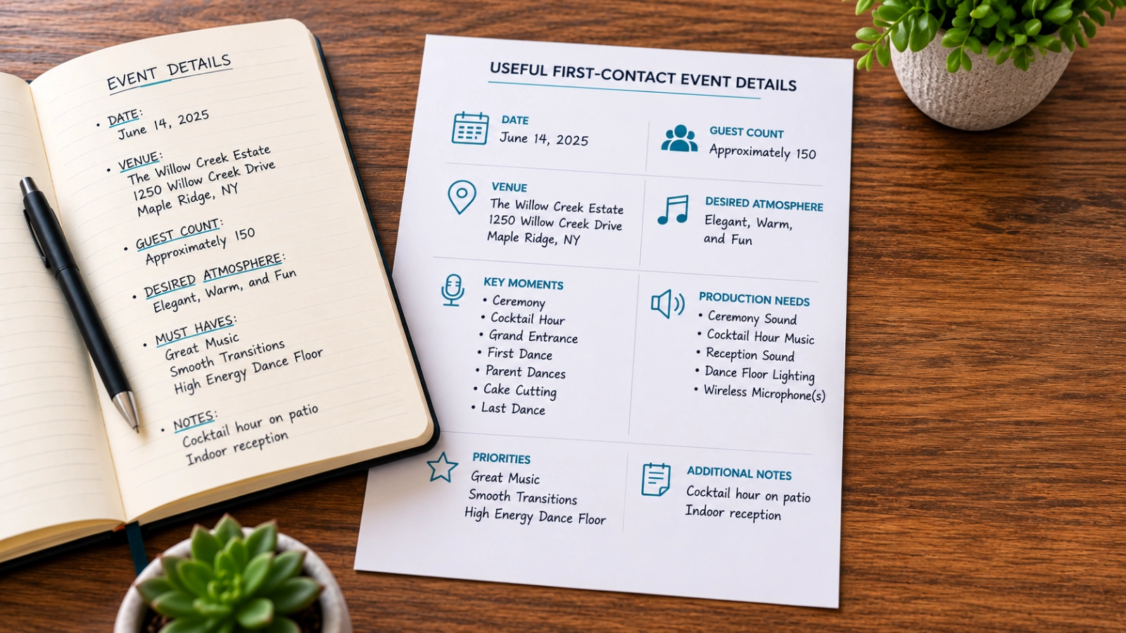 Representative first-contact event details showing a date, venue, guest count, desired atmosphere, key moments, priorities, and production needs