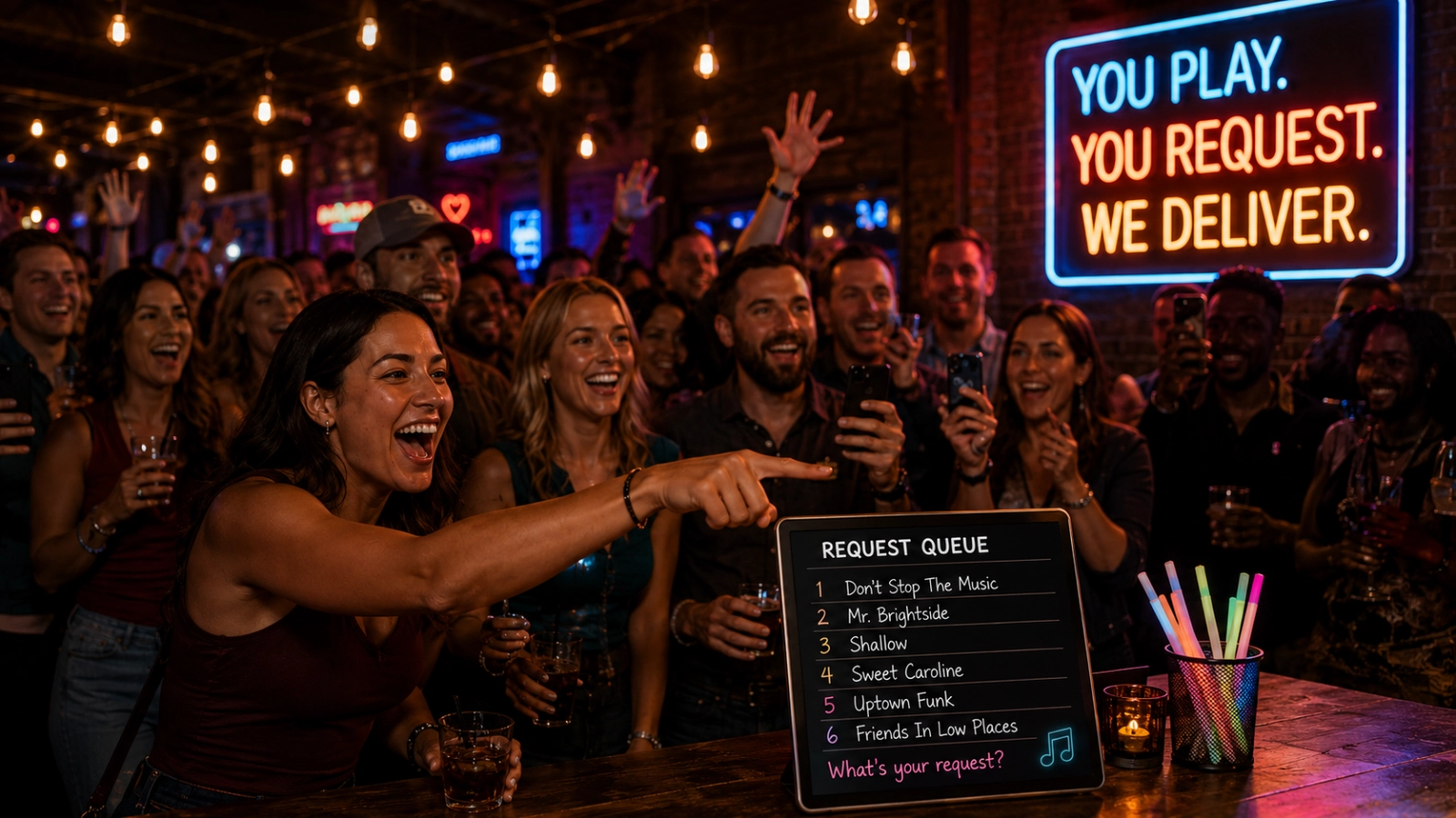 Conceptual All-Request Night scene with an excited crowd choosing songs from a visible request queue.