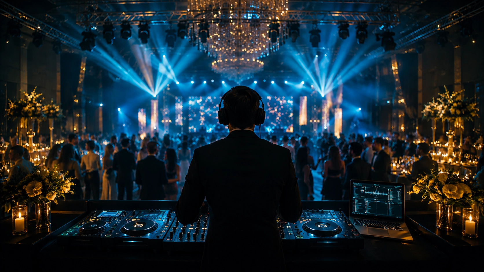 A DJ performing in an elegant ballroom with teal stage lighting, warm gold accents, and a full dance floor.