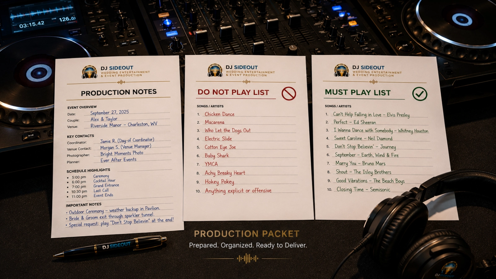 Representative DJ Sideout production packet with production notes, do-not-play selections, and must-play selections arranged on a DJ workstation