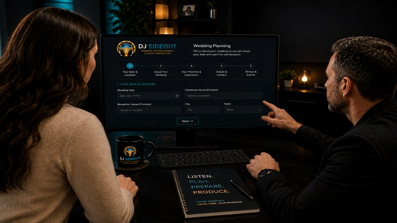 Representative DJ Sideout wedding-planning session using an online planning interface