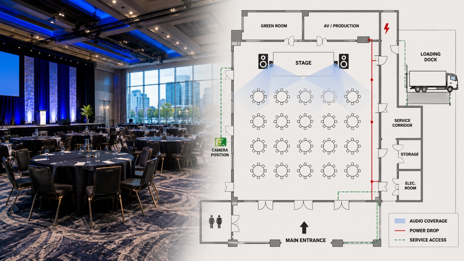 Representative convention-center venue review blending a finished ballroom with a schematic showing stage, guest flow, audio coverage, power, service access, and loading dock planning