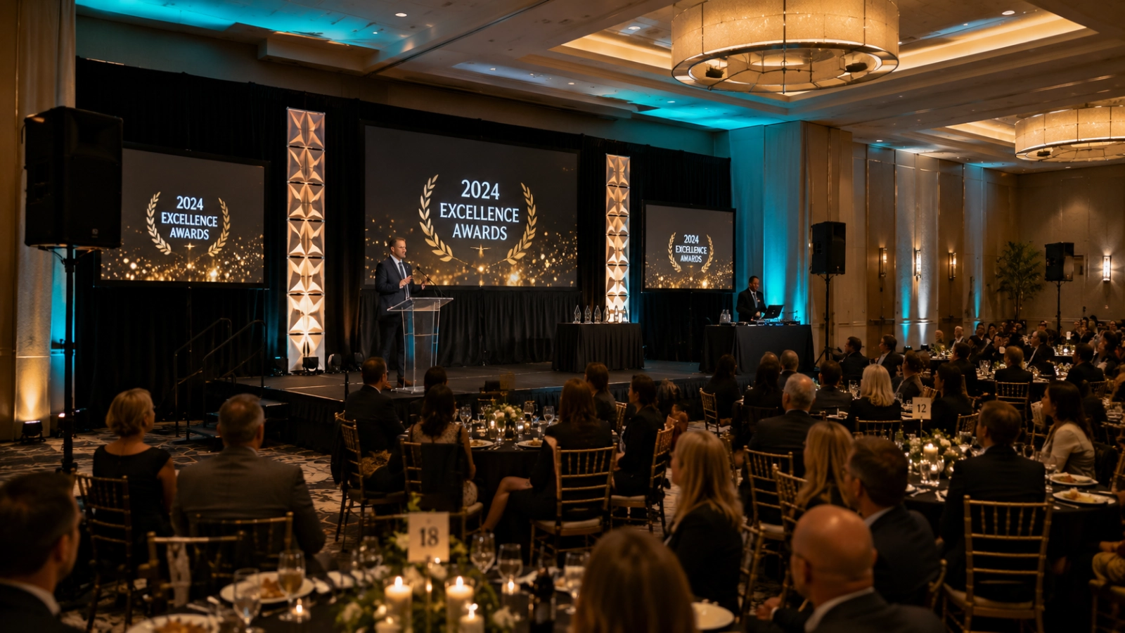 Representative corporate awards ceremony in a hotel ballroom with an MC, presentation stage, audience, and distributed professional audio support.