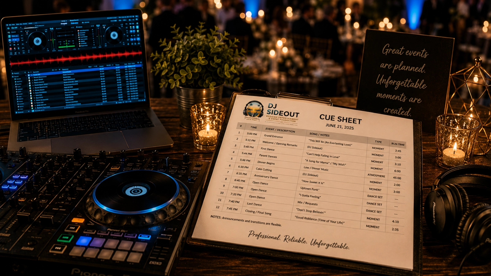 Representative DJ music-planning setup with a branded Cue Sheet, professional mixing equipment, and a warmly lit event atmosphere.