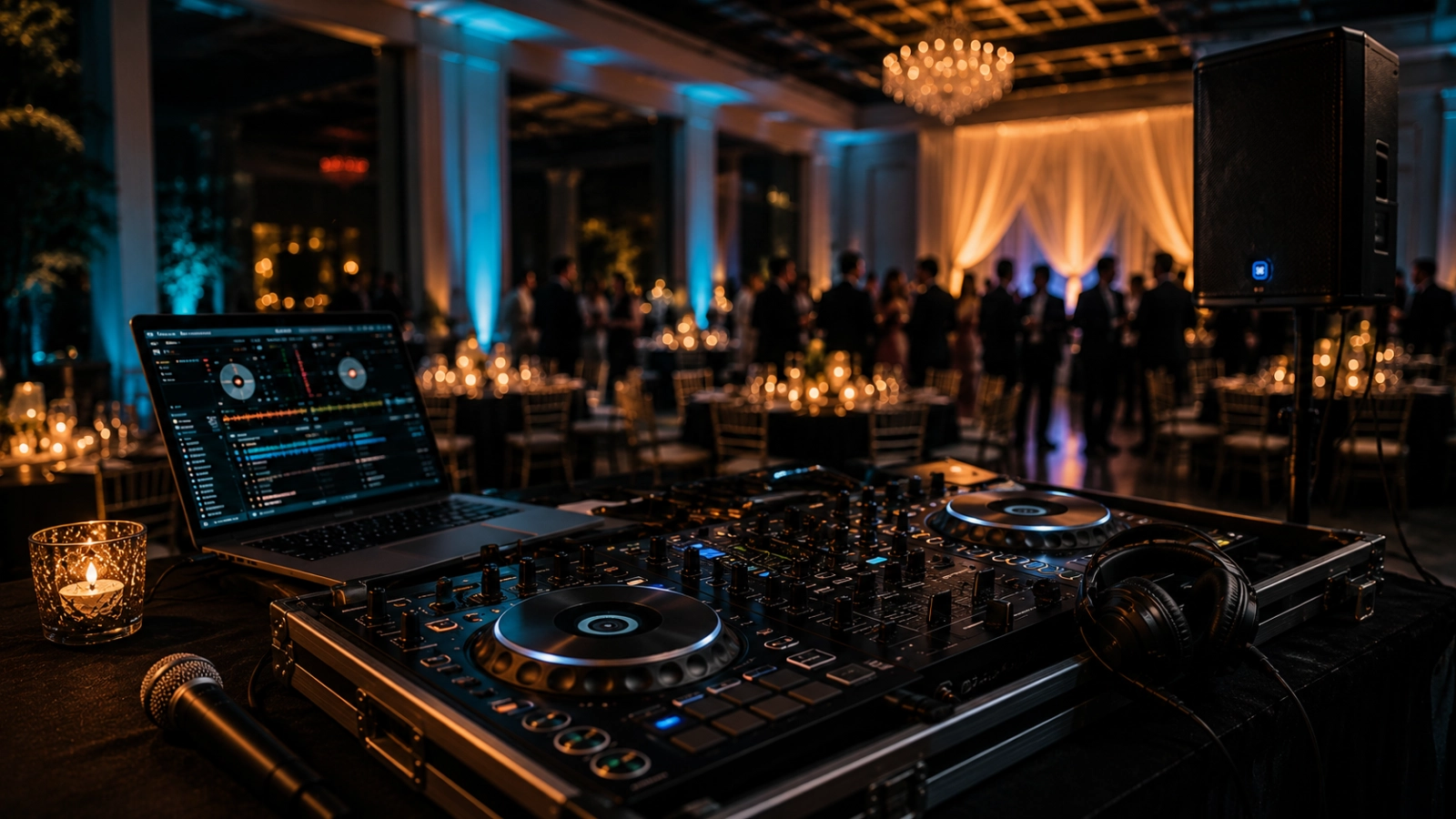 Representative event-production scene with a DJ console, professional audio, teal uplighting, and an elegant guest setting.