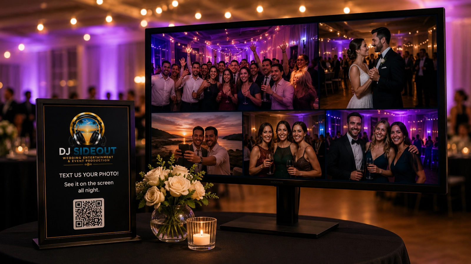 Representative concept for a future DJ Sideout guest photo-sharing display with a branded instruction sign and event photo collage.