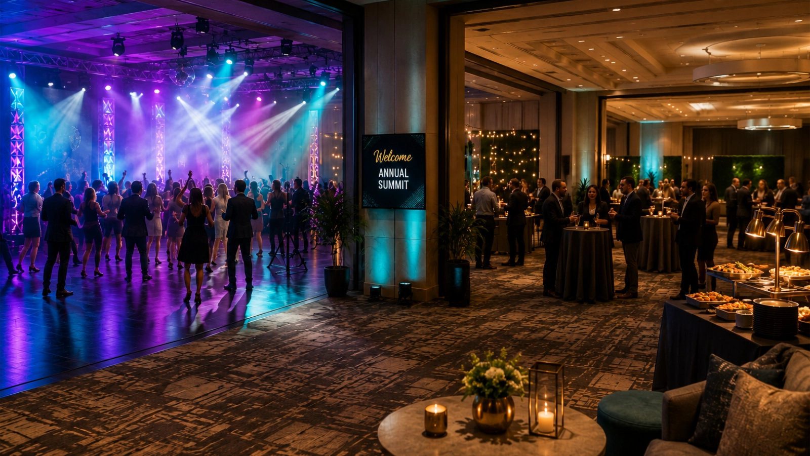 Representative conference-center event with a high-energy party zone and a connected cocktail area using separate lighting and audio coverage.