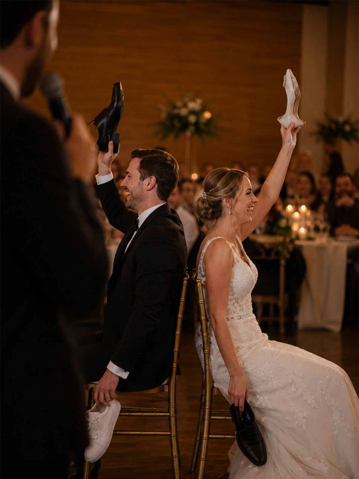 Representative wedding Shoe Game with the couple in focus and an obscured host guiding the moment with a microphone.