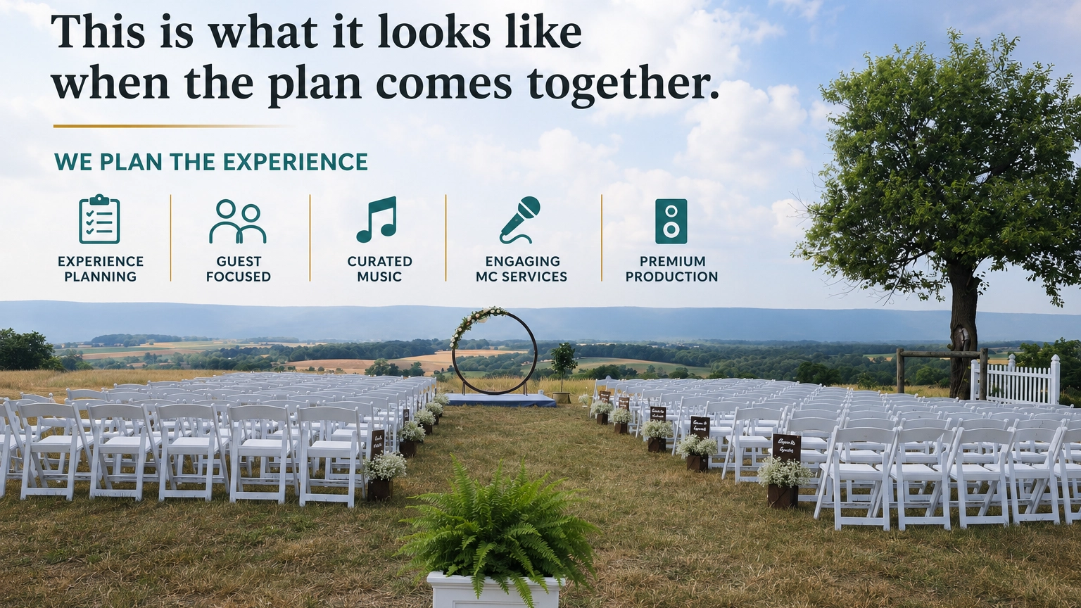 Outdoor wedding ceremony seating overlooking a valley with an overlay highlighting experience planning, guest focus, curated music, MC services, and production.